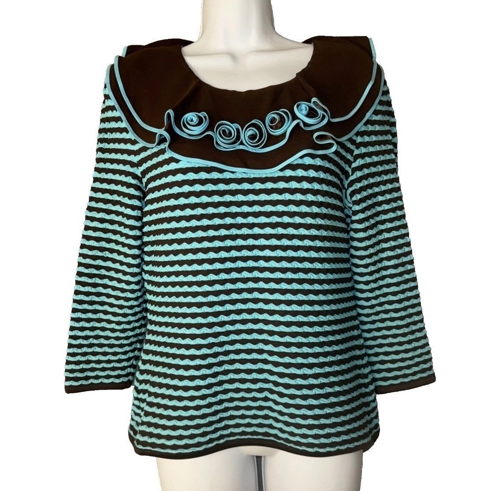 Samuel Dong Top Women M Brown Blue Textured Bubble Knit Rosette Ruffle‎ Blouse